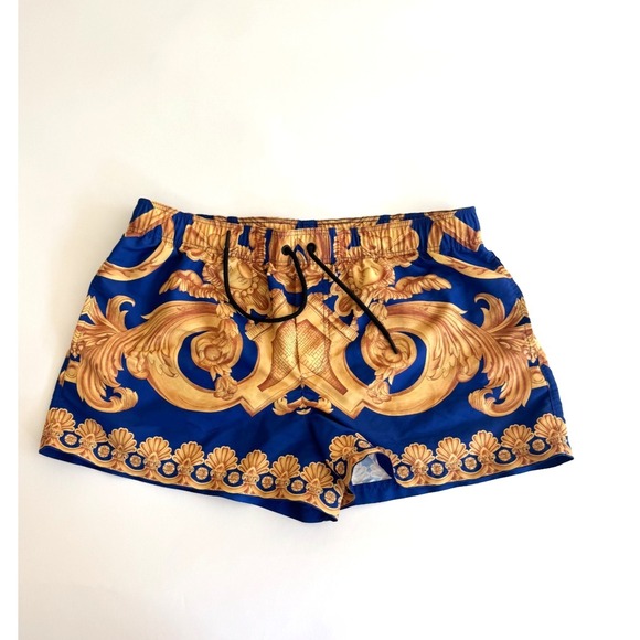 Versace Other - Authentic Versace Gold Baroque Heritage Print Swim Trunks Royal Blue Men's Sz M